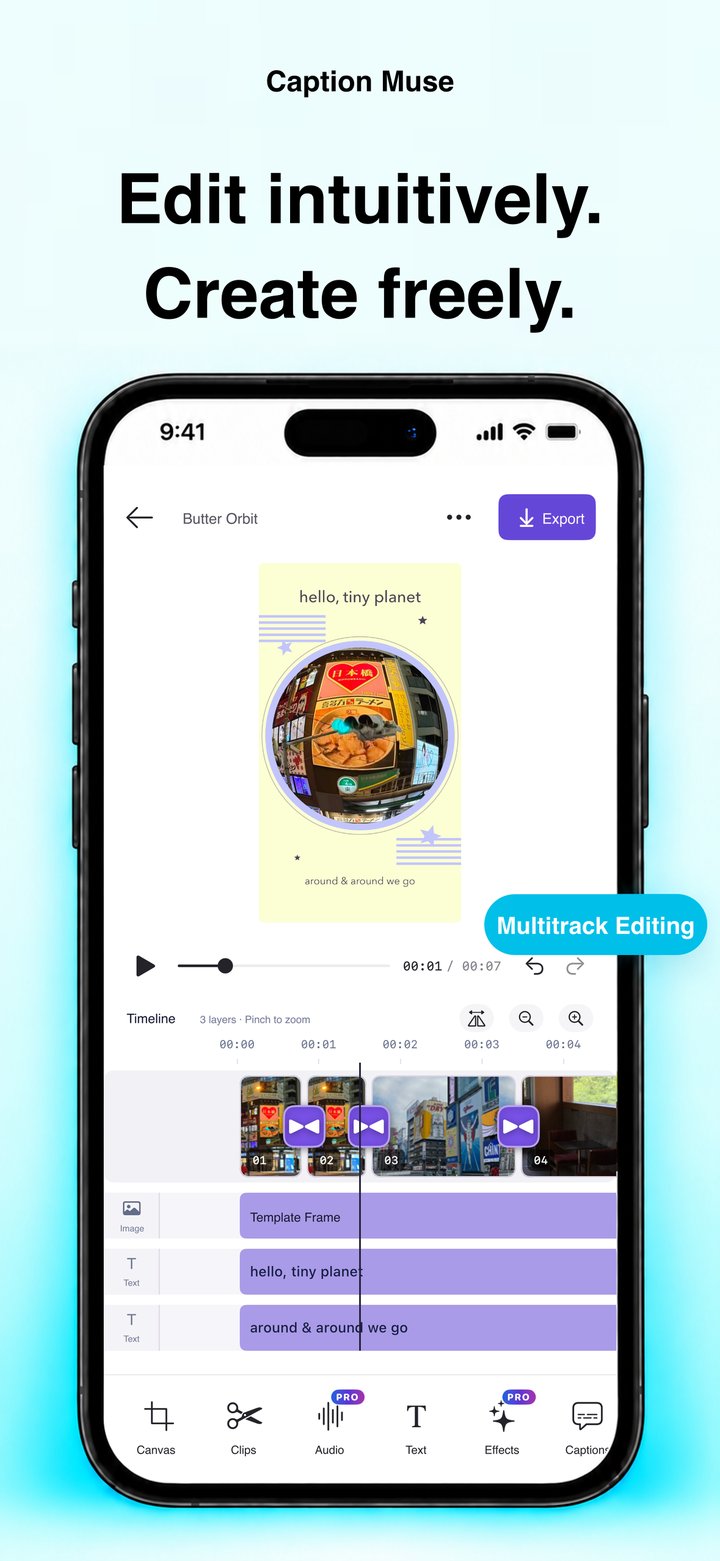 Caption Muse English product preview showing the video editor, captions and editing timeline
